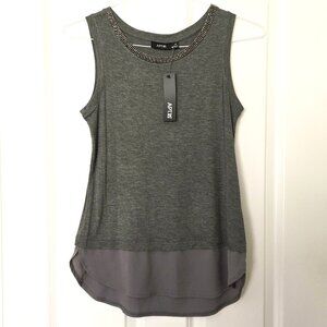 APT. 9 Gray Tank Top w Sheer Layered Hem and Beaded Neckline